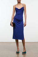 ASHE midnight midi dress with spaghetti straps, draped cowl neckline, fitted silhouette