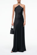 Black halter neck maxi dress with slim straps and draped bodice