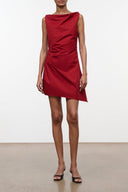 Rouge red sleeveless mini dress with draped cowl neckline