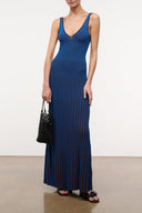 Sleeveless V-neck maxi dress, cobalt blue vertical striped knit fabric