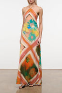 Sleeveless maxi dress with abstract floral print and halter neckline, multicolor