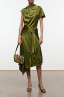 Olive green silk dress with high neck, short sleeves, and draped waist knot