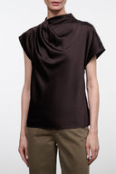 DAVINA silk top, dark brown cowl neckline with short dolman sleeves