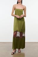 Olive green silk maxi dress with spaghetti straps and lace hem, slim fit