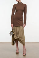 Brown long-sleeve high-neck dress with draped asymmetrical skirt