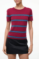 Crimson red cashmere tee with crew neck and short sleeves, bold blue and dark stripes