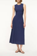 Navy sleeveless midi knit dress with crew neck and gathered pleated skirt