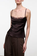 Brown silk camisole top with lace-trim neckline and spaghetti straps