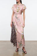 Blush pink silk dress with floral print, short sleeves, column silhouette, side mesh overlay