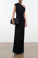 Black one-shoulder draped maxi dress, sleeveless with fitted silhouette