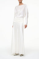 Ivory silk maxi dress with long sleeves and draped gathered waist