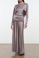 Zinc silk satin dress, long sleeves, ruched draped waist, full-length column