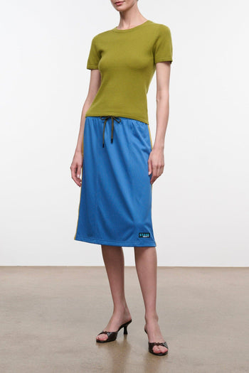 Blue midi skirt with drawstring waist and small side logo patch