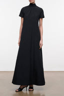 Black maxi dress with short sleeves and high neck, straight fit
