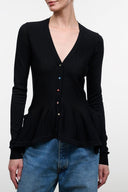 Black V-neck button-front long-sleeve top with peplum flare hem