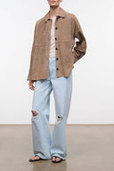 Suede button-up shirt jacket in tan with pointed collar and chest pocket