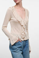 Women's champagne ruffle V-neck long-sleeve top