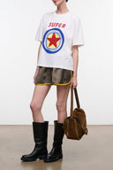 White relaxed graphic T-shirt with 'SUPER' star and circle print