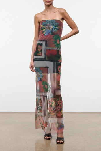Beaded strapless maxi dress with floral appliques, multicolor sheer fabric