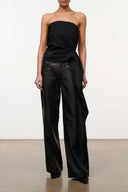 Black strapless bandeau top with ruched front and draped knot detail
