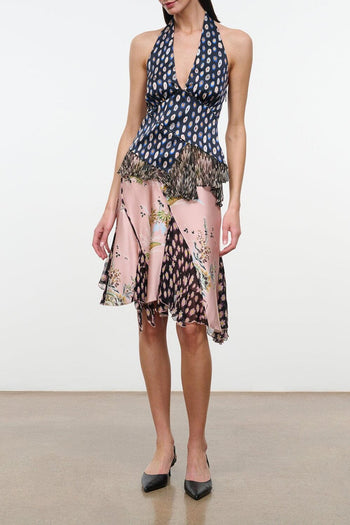 Silk halter top with V-neck, sleeveless, multicolor patchwork print