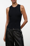 Black ribbed tank top with crew neck and sleeveless cut
