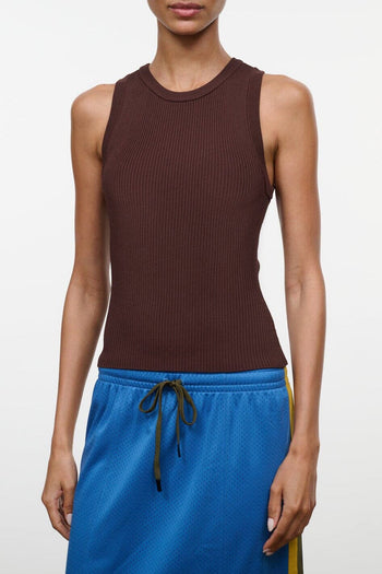 Brown ribbed knit sleeveless tank top with crew neck