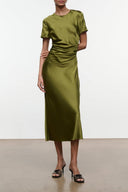 Marcel silk dress, green midi length, short sleeves, gathered waist and draped front
