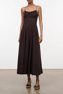 MARGI dress in dark brown with spaghetti straps and gathered bodice, midi length