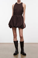 Dark brown sleeveless mini dress with gathered waist and layered skirt