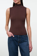 Sleeveless mock-neck top in dark brown knit fabric, ribbed hem and cuffs