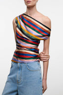 One-shoulder silk top with multicolor artist stripe pattern