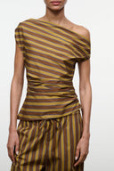 Striped one-shoulder draped top in brown and tan with ruched waist