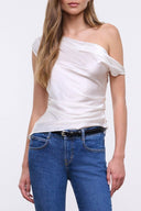 PHARE silk top in ivory, off-shoulder draped blouse, short sleeves