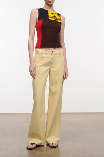 Sleeveless cropped top with multicolor patchwork print (yellow, red, black)