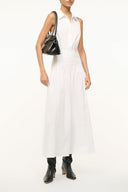 White sleeveless button-front midi dress with collar and gathered waist