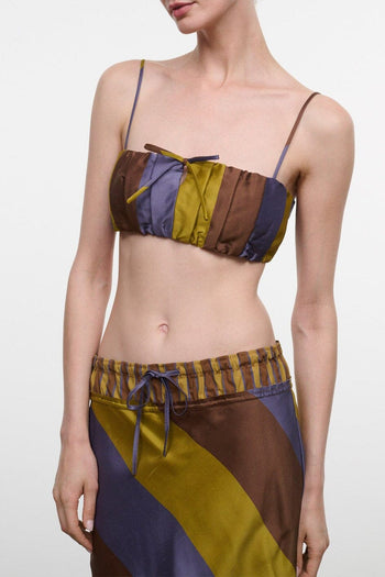 Multicolor silk bandeau top with thin spaghetti straps and diagonal stripe panels