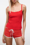 Red ribbed tank with scalloped square neckline and thin straps