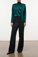 Emerald green Suni silk long-sleeve top with high mock neck