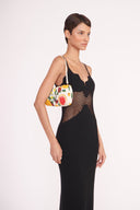 Beaded bean bag purse with multicolor fruit bead motifs and cream shoulder strap