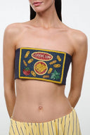 TOMMY tube top by STAUDELLONI, dark navy strapless with colorful embroidered patch