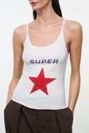 White racerback tank top with red star graphic and blue "SUPER" text