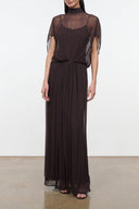 Dark brown sheer maxi dress with high neck, short sleeves, and gathered waist