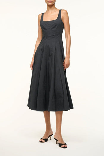 Black sleeveless fit-and-flare midi dress with gathered skirt