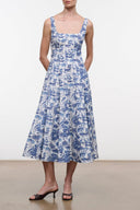 Wells sleeveless blue toile dress with square neckline and full midi skirt
