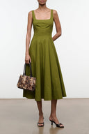 Olive green sleeveless dress with square neckline and flared midi skirt