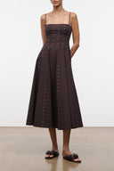 Wylie dress, dark brown sleeveless midi with studded embellishments and fitted bodice